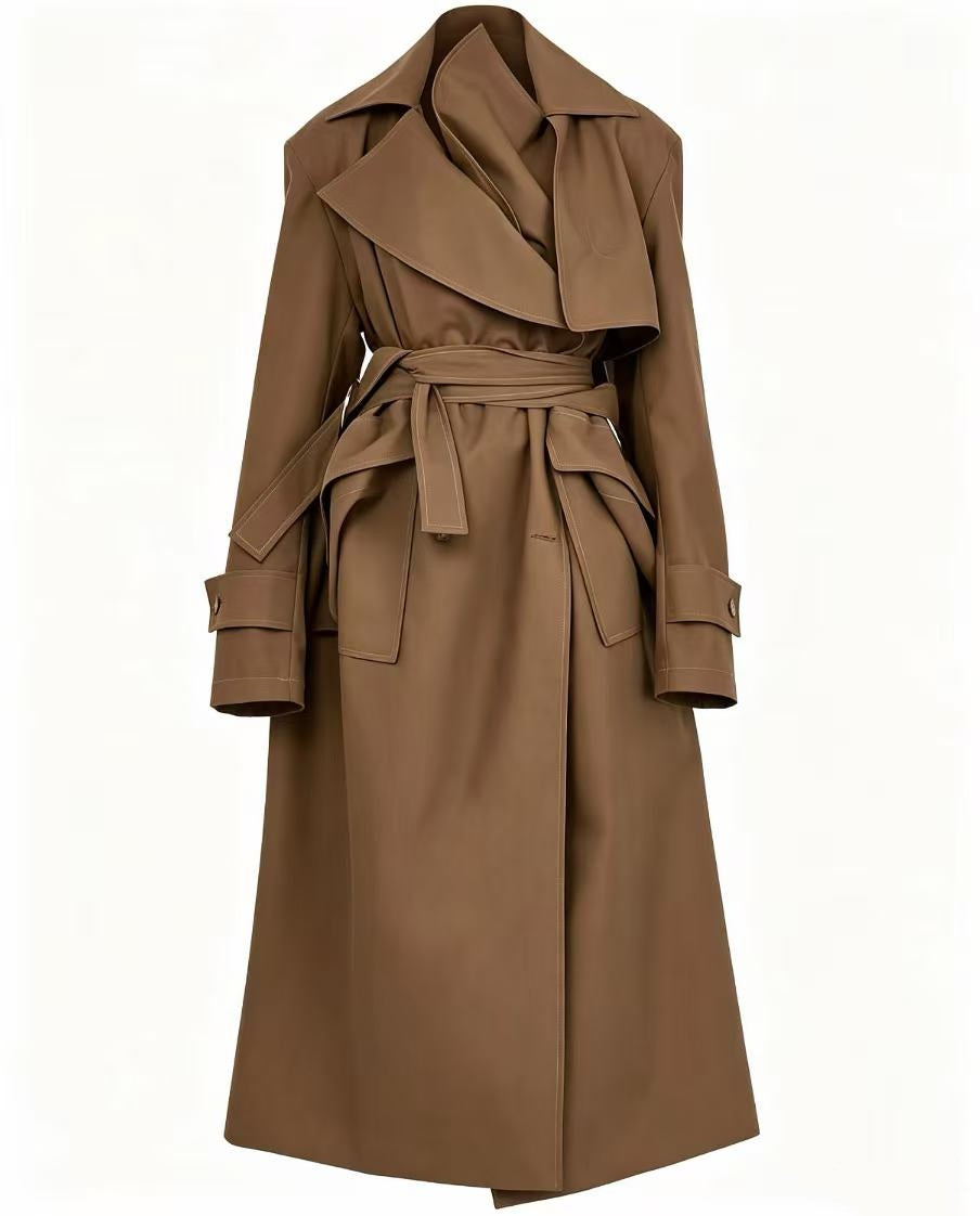 $159Women's Brown Long Trench Coat, Lapel Belted Windbreaker